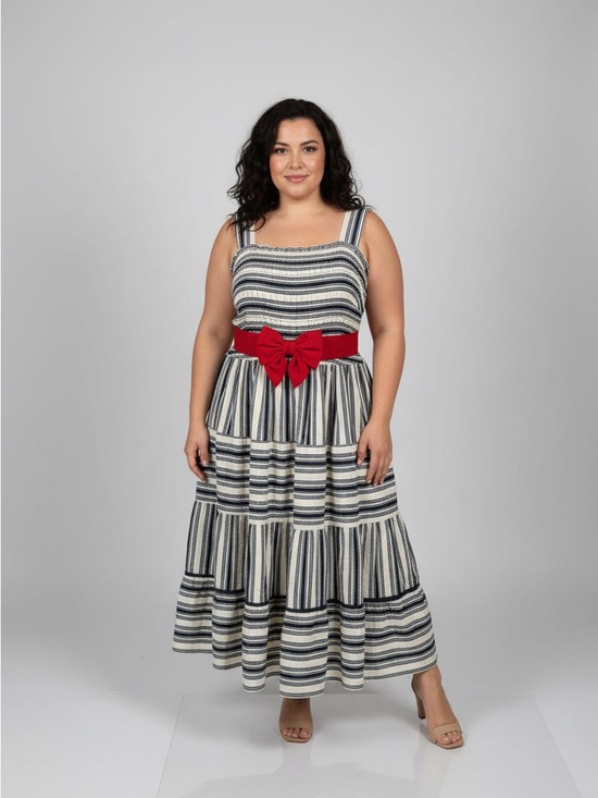 Terra & Sky Dresses & Skirts - Terra & Sky Navy and White Striped Maxi with Red Bow Belt